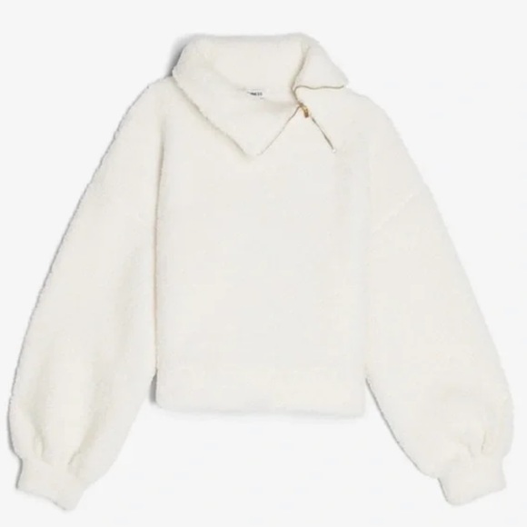 Express Asymmetrical Zip Sherpa Fleece White Pullover. Size XS. - Picture 3 of 3